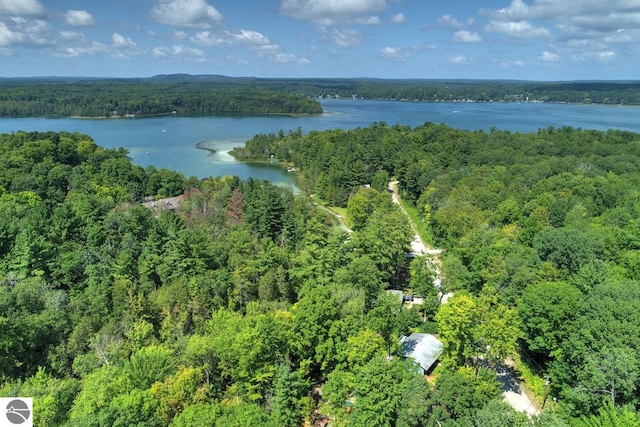 birds eye view of property featuring a water view and a wooded view