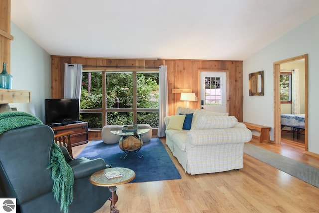 living room featuring lofted ceiling and wood finished floors