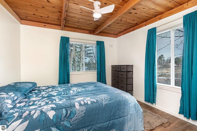 bedroom featuring beam ceiling, wood finished floors, wooden ceiling, and ceiling fan