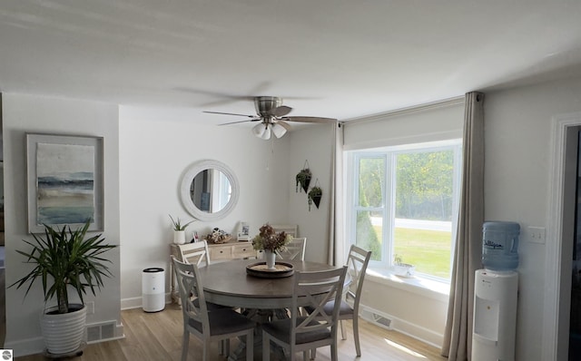 dining room with visible vents, baseboards, light wood-type flooring, and ceiling fan