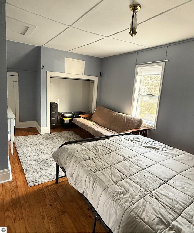 bedroom with wood finished floors, baseboards, and a closet