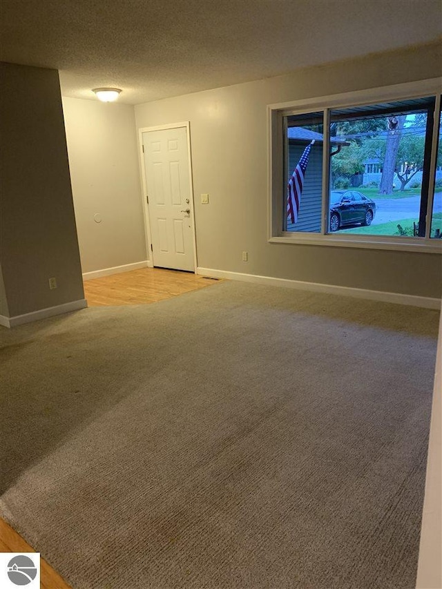 unfurnished room featuring light colored carpet, baseboards, and a textured ceiling