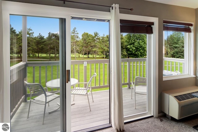 doorway to outside featuring a wall mounted air conditioner and plenty of natural light