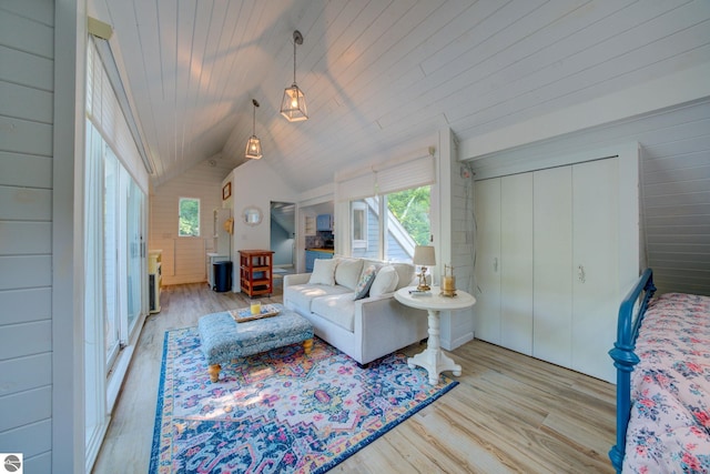 4781 E Golfview Dr, Leland, MI 49654 - living room featuring lofted ceiling, plenty of natural light, wooden ceiling, and wood finished floors