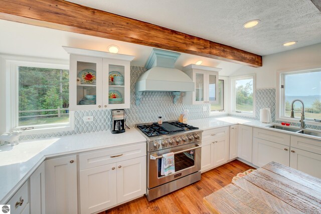 4781 E Golfview Dr, Leland, MI 49654 - kitchen featuring stainless steel stove, tasteful backsplash, a sink, custom range hood, and white cabinetry