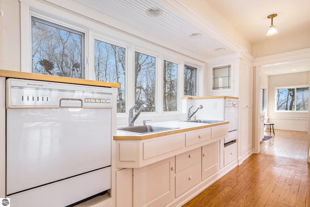 kitchen featuring light countertops, light wood-style flooring, white dishwasher, and a sink