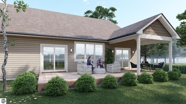 back of house with a deck, a yard, and roof with shingles