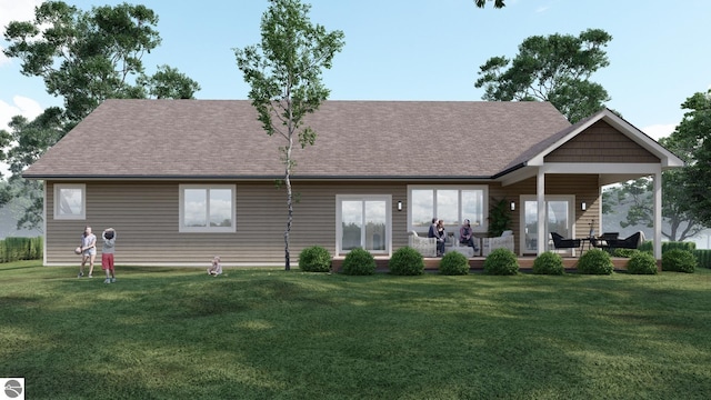rear view of property with a yard and a shingled roof
