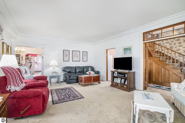 622 Leelanau Ave, Frankfort, MI 49635 - living room with an inviting chandelier, stairway, crown molding, and carpet floors