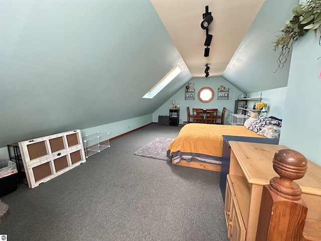 bedroom featuring track lighting, lofted ceiling with skylight, and carpet