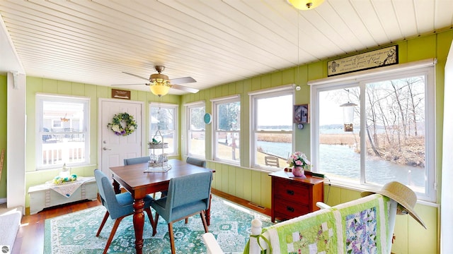 17429 Summit Ct, Barryton, MI 49305 - sunroom / solarium featuring wood ceiling, wood finished floors, a water view, and wooden walls