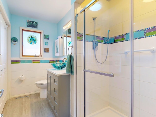 17429 Summit Ct, Barryton, MI 49305 - full bath with tile walls, a shower stall, wood finished floors, vanity, and toilet
