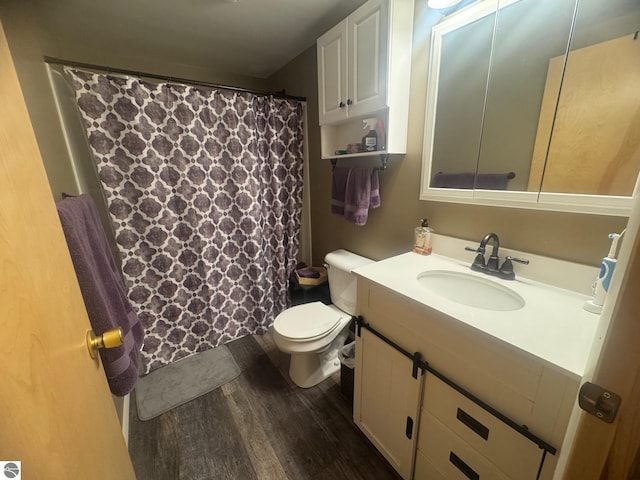 bathroom with wood finished floors, toilet, vanity, and a shower with curtain