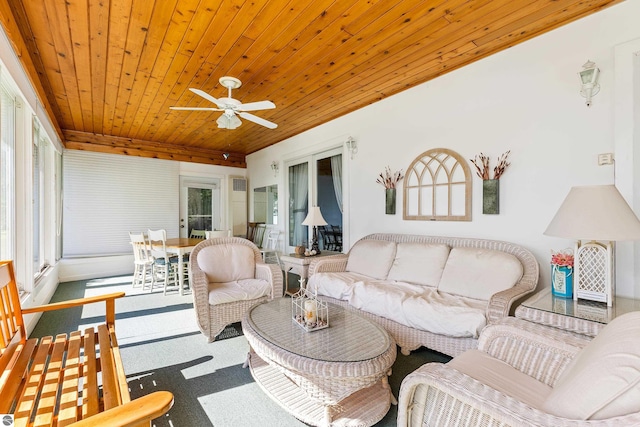 3275 S Sunrise Ln, Lake Leelanau, MI 49653 - living area with wood ceiling, a wealth of natural light, and ceiling fan
