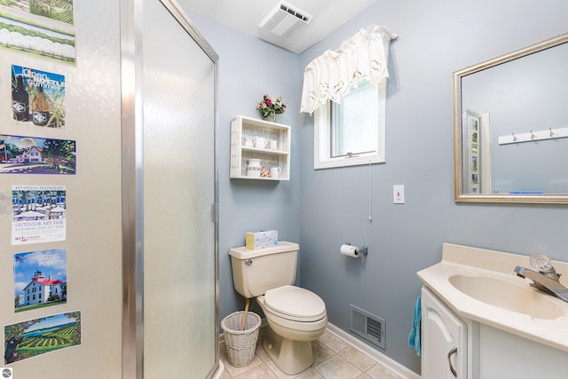 3275 S Sunrise Ln, Lake Leelanau, MI 49653 - bathroom featuring visible vents, tile patterned floors, toilet, and a stall shower