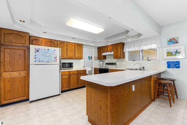 3275 S Sunrise Ln, Lake Leelanau, MI 49653 - kitchen with a peninsula, white appliances, a raised ceiling, under cabinet range hood, and a sink