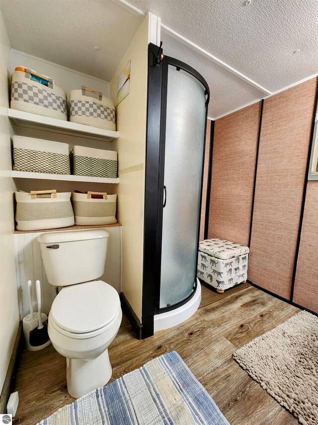 8468 Shorewood Ct, Mancelona, MI 49659 - full bathroom with a shower stall, toilet, wood finished floors, and a textured ceiling