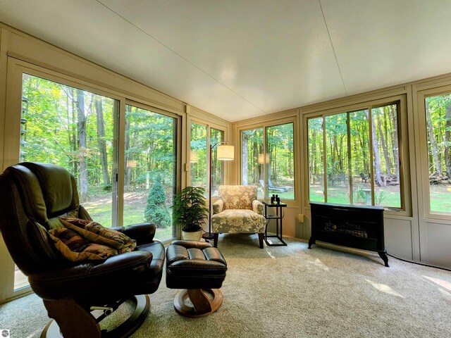 8468 Shorewood Ct, Mancelona, MI 49659 - sunroom with vaulted ceiling and carpet