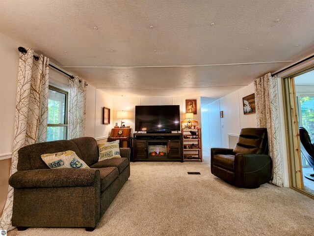 8468 Shorewood Ct, Mancelona, MI 49659 - carpeted living room with a textured ceiling