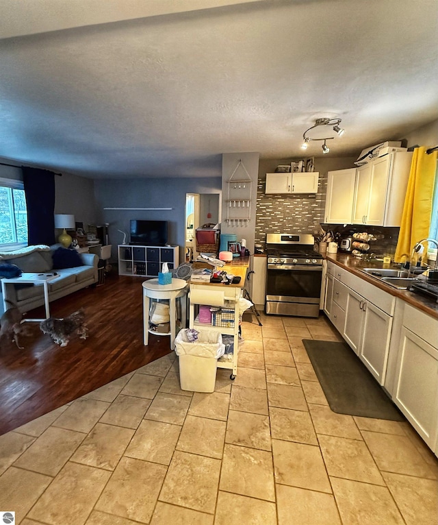 6133 W Airline Rd, Weidman, MI 48893 - kitchen featuring stainless steel gas stove, backsplash, a sink, dark countertops, and light tile patterned flooring