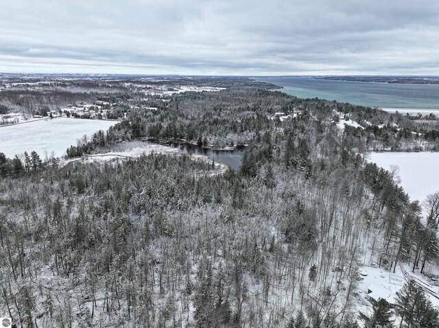 7021 Cook Rd, Williamsburg, MI 49690 - snowy aerial view featuring a forest view and a water view