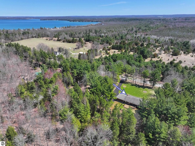 birds eye view of property with a forest view and a water view