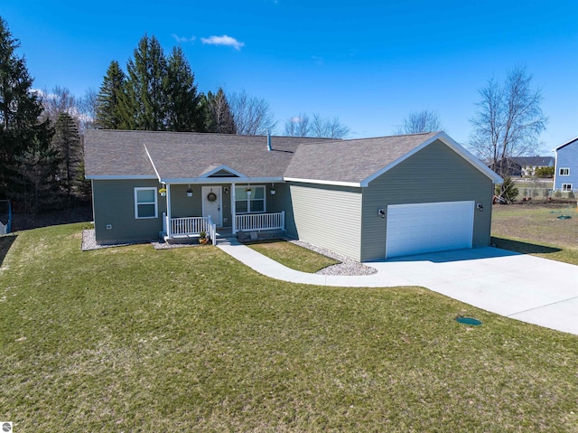 ranch-style house with a porch, an attached garage, driveway, and a front yard