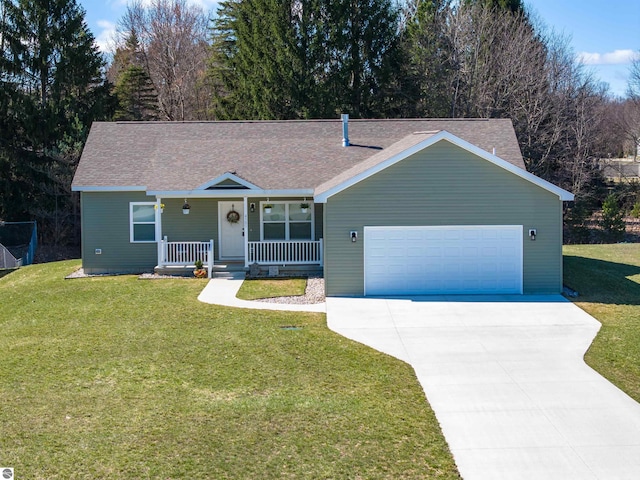 ranch-style house with driveway, a porch, a garage, a shingled roof, and a front yard