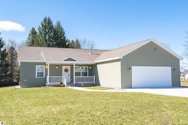 single story home with driveway, covered porch, an attached garage, a shingled roof, and a front yard