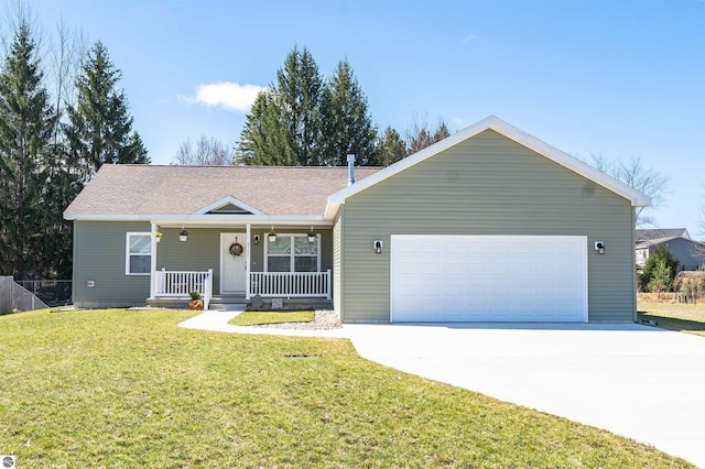 single story home with a front lawn, driveway, covered porch, an attached garage, and fence