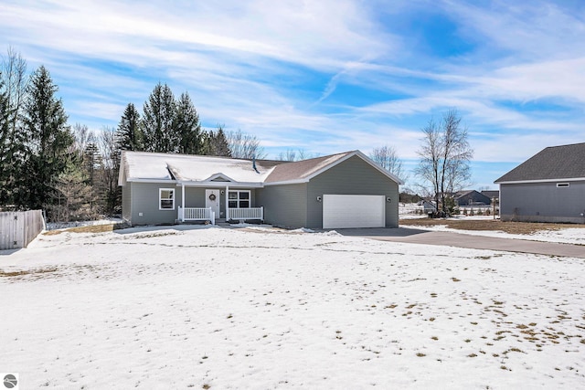 ranch-style home featuring fence, cooling unit, concrete driveway, a porch, and a garage