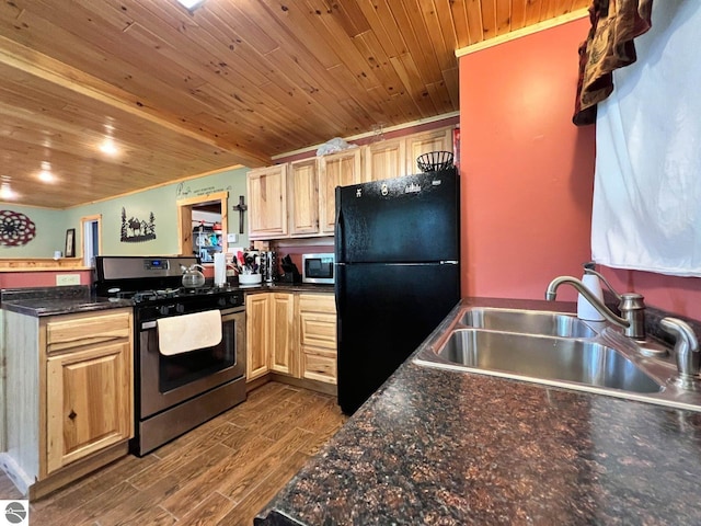 160 White Birch Ln, Cadillac, MI 49601 - kitchen with dark wood-type flooring, light brown cabinetry, a sink, a peninsula, and appliances with stainless steel finishes
