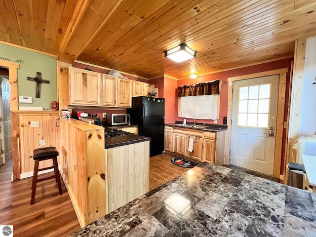 160 White Birch Ln, Cadillac, MI 49601 - kitchen with light brown cabinets, a sink, freestanding refrigerator, a peninsula, and stainless steel microwave