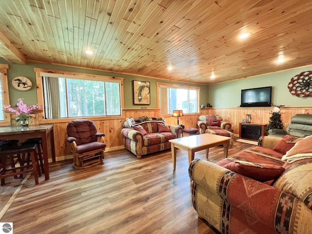 160 White Birch Ln, Cadillac, MI 49601 - living area with wood finished floors, recessed lighting, wood ceiling, and wainscoting