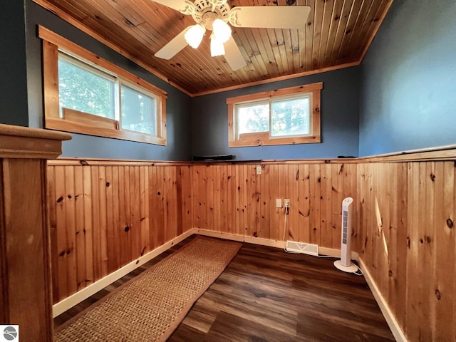 160 White Birch Ln, Cadillac, MI 49601 - empty room with dark wood-style flooring, ornamental molding, a wainscoted wall, wood ceiling, and ceiling fan