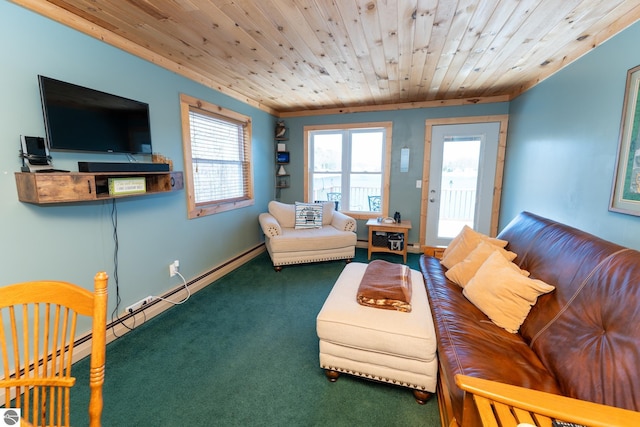 9701 S Lake Station Ave, Lake, MI 48632 - carpeted living area featuring a baseboard radiator, wood ceiling, and baseboards