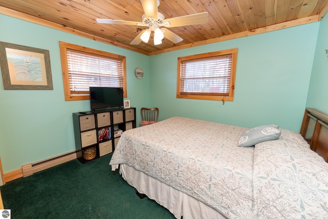 9701 S Lake Station Ave, Lake, MI 48632 - bedroom featuring dark carpet, multiple windows, wood ceiling, and a baseboard radiator