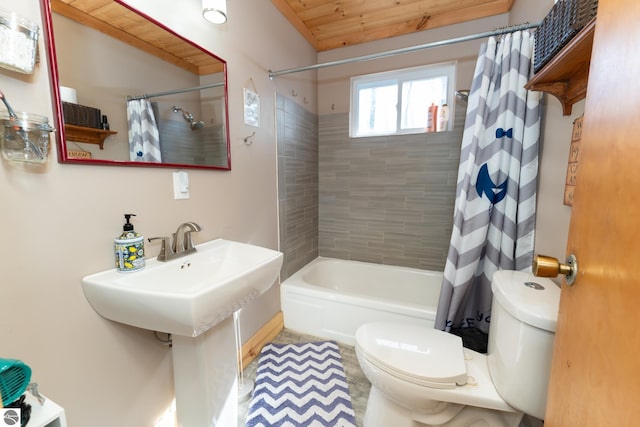 9701 S Lake Station Ave, Lake, MI 48632 - full bathroom featuring toilet, wooden ceiling, and shower / bath combo with shower curtain