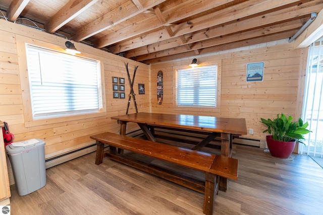 9701 S Lake Station Ave, Lake, MI 48632 - dining space featuring a baseboard radiator, light wood-style flooring, and wood walls