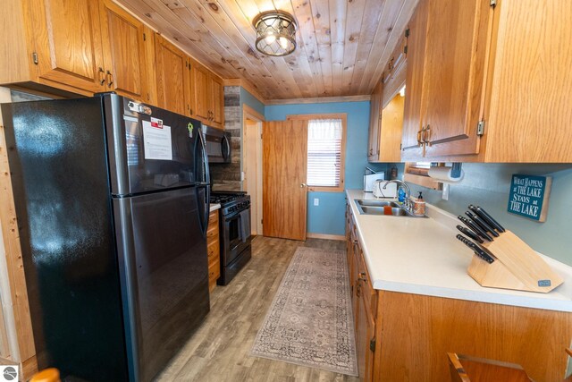 9701 S Lake Station Ave, Lake, MI 48632 - kitchen with light countertops, a sink, brown cabinetry, black appliances, and light wood-style floors