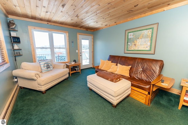9701 S Lake Station Ave, Lake, MI 48632 - living area with baseboards, carpet floors, a baseboard heating unit, and wood ceiling