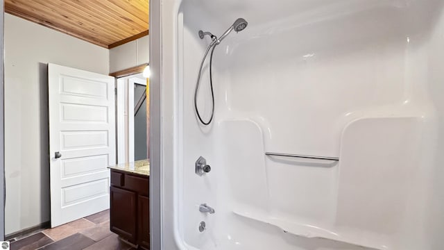 full bathroom featuring wood ceiling, vanity, and shower / bathtub combination