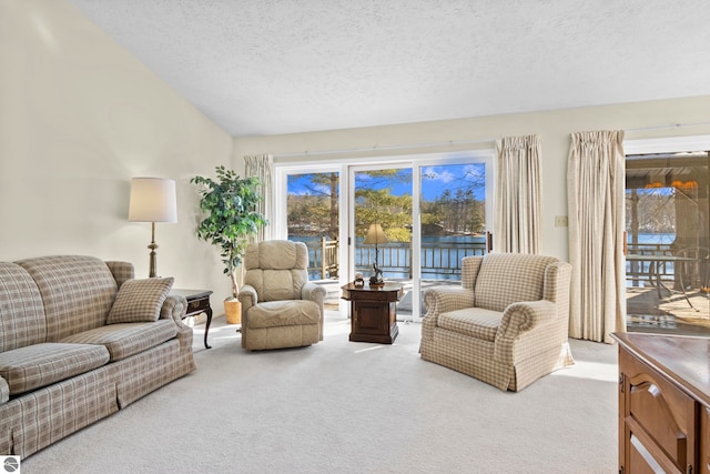 living area with light colored carpet, a water view, and a textured ceiling