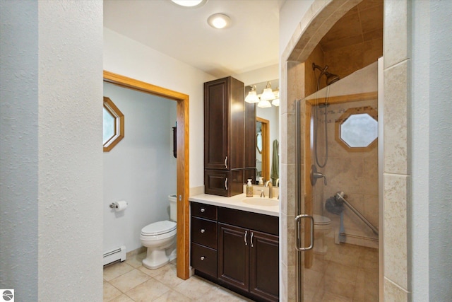 full bathroom featuring a stall shower, toilet, a baseboard heating unit, and vanity