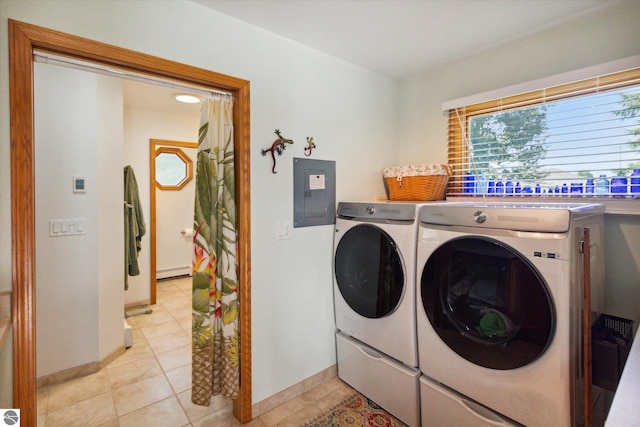 washroom with separate washer and dryer, laundry area, electric panel, and baseboard heating