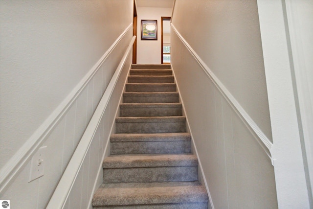 stairway featuring carpet flooring, a decorative wall, and wainscoting