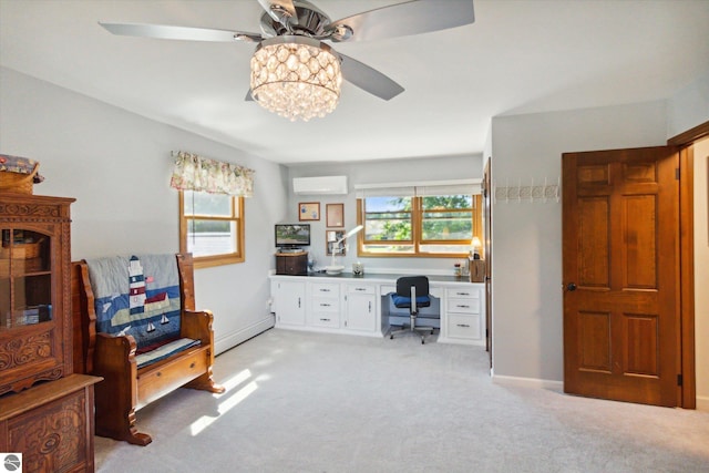 home office featuring a baseboard radiator, an AC wall unit, a healthy amount of sunlight, and ceiling fan
