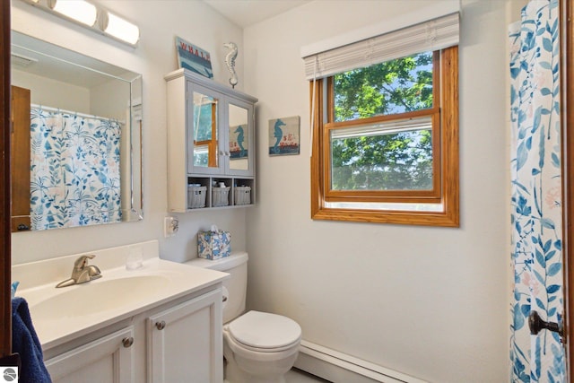 bathroom with toilet, a baseboard heating unit, vanity, and a shower with curtain