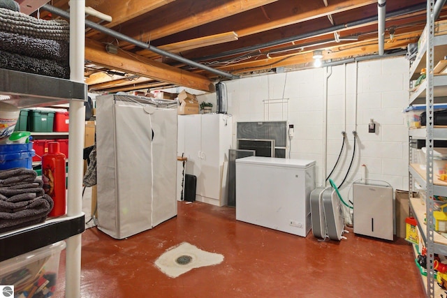 unfinished basement with fridge and concrete block wall