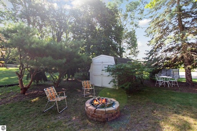 view of yard featuring an outdoor fire pit, an outdoor structure, fence, and a shed